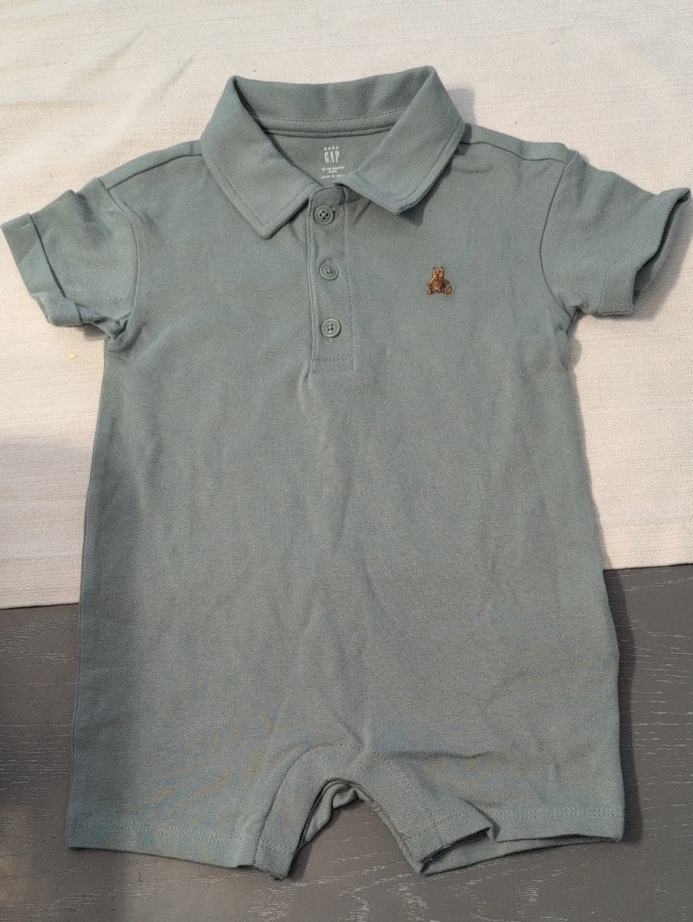 GAP Sage Green Polo Romper with Bear Emblem